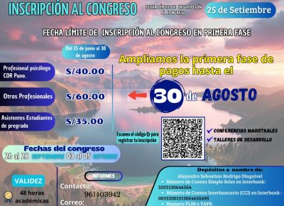 AMPLIAMOS LA PRIMERA FASE DE PAGOS MÁS BAJOS HASTA EL 30 DE AGOSTO                         𝟏𝐞𝐫 𝐂𝐎𝐍𝐆𝐑𝐄𝐒𝐎 𝐈𝐍𝐓𝐄𝐑𝐍𝐀𝐂𝐈𝐎𝐍𝐀𝐋 𝐃𝐄 𝐏𝐒𝐈𝐂𝐎𝐋𝐎𝐆𝐈𝐀 𝐃𝐄 𝐋𝐀 𝐒𝐀𝐋𝐔𝐃, 𝐂𝐎𝐌𝐔𝐍𝐈𝐓𝐀𝐑𝐈𝐀 𝐄 𝐈𝐍𝐓𝐄𝐑𝐂𝐔𝐋𝐓𝐔𝐑𝐀𝐋𝐈𝐃𝐀𝐃